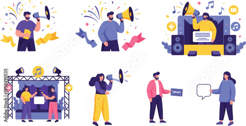 Event promotion and communication concept vector set with megaphone announcements, live concert stage, music streaming, ticket marketing, social media engagement illustrations