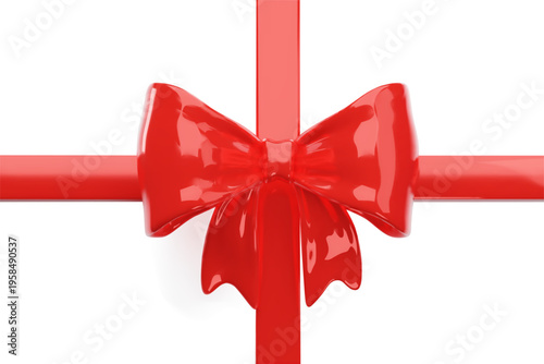 3d vector Glossy red ribbon bow with crossed bands on a white background. Red cartoon vector bow for design of cards, invitations, postcards