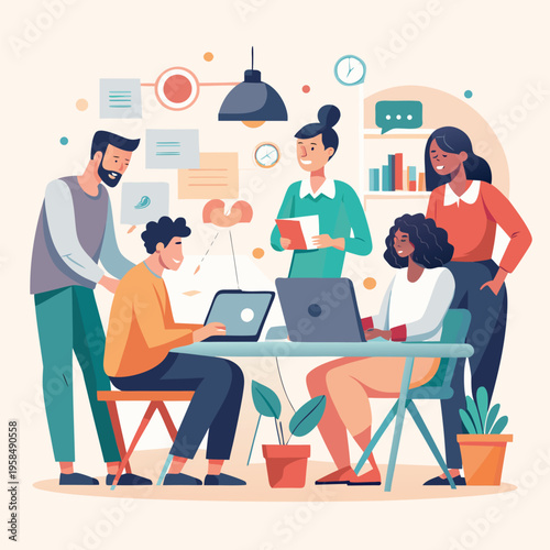 Business Teamwork Collaboration Illustration, Professionals Brainstorming on Project, Flat Vector Design, Minimal Corporate Style