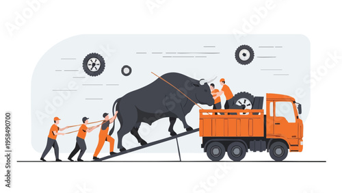 A man in orange shirt and cap walking with a box on a simple background, ideal for Eid festival or delivery concepts in marketing and advertising