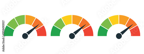 Scale level measurement monitor display, simple level meter with three stage measurement steps, gauge and progress indicator concept, clean vector illustration set template for user interface and data