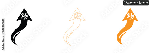 A set of three vector icons in black, line art, and orange, featuring a dollar sign within a gear on an upward pointing arrow, symbolizing financial growth and success