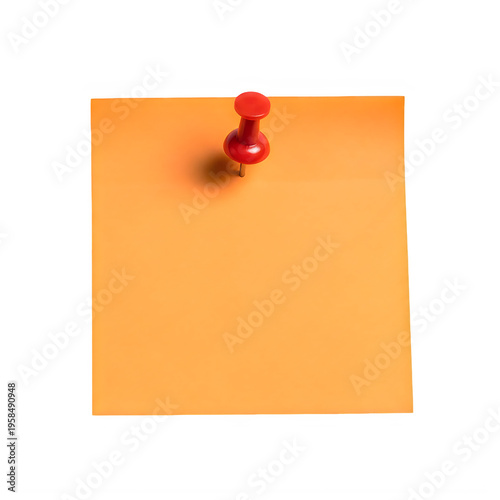 Bright yellow sticky note pinned with red pushpin on orange background isolated on transparent background