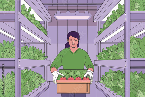 Woman tending to a lush indoor vertical farm with vibrant green produce