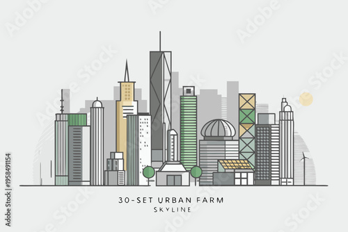 Stylized cityscape illustration featuring modern buildings and a hint of green