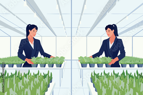 Woman tending to rows of lush green plants in a modern greenhouse