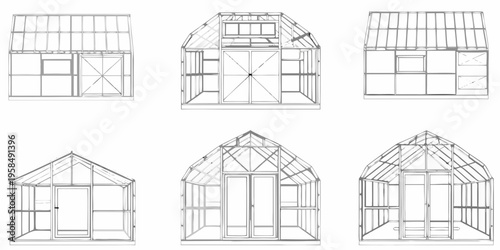 Architectural sketches of various greenhouse designs in black and white