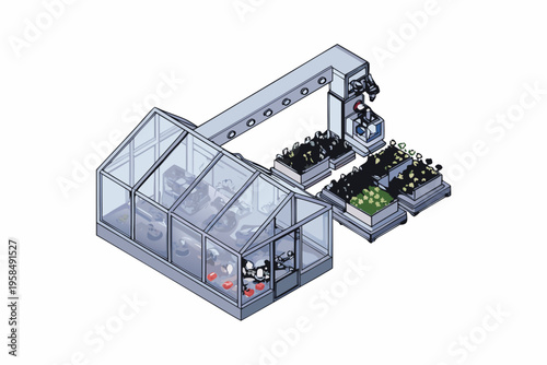 Automated greenhouse featuring robotic arms tending to rows of plants
