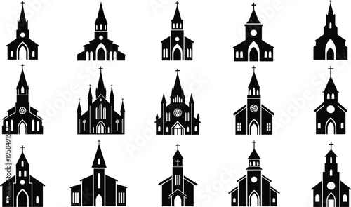Church building silhouette icon set with religious architecture cathedral chapel vector illustration collection isolated black faith design