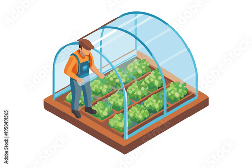 Isometric illustration of a farmer tending to plants inside a greenhouse