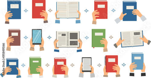 Hands holding books and digital devices collection, reading, education, knowledge concept, textbooks, notebooks, tablet and ebook vector illustration set