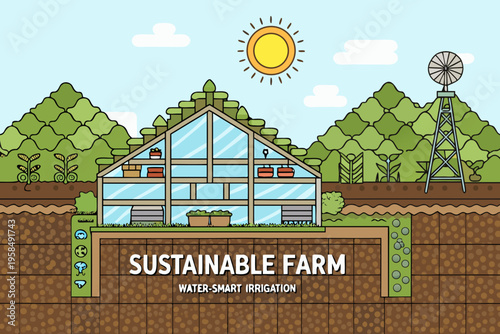 Illustration of a sustainable farm greenhouse with water smart irrigation systems