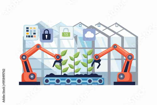 Automated greenhouse with robotic arms tending to growing plants inside
