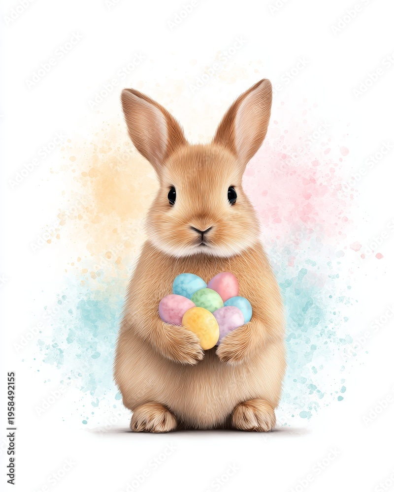 Obraz premium Cute bunny holding colorful easter eggs whimsical background digital illustration cheerful atmosphere close-up view