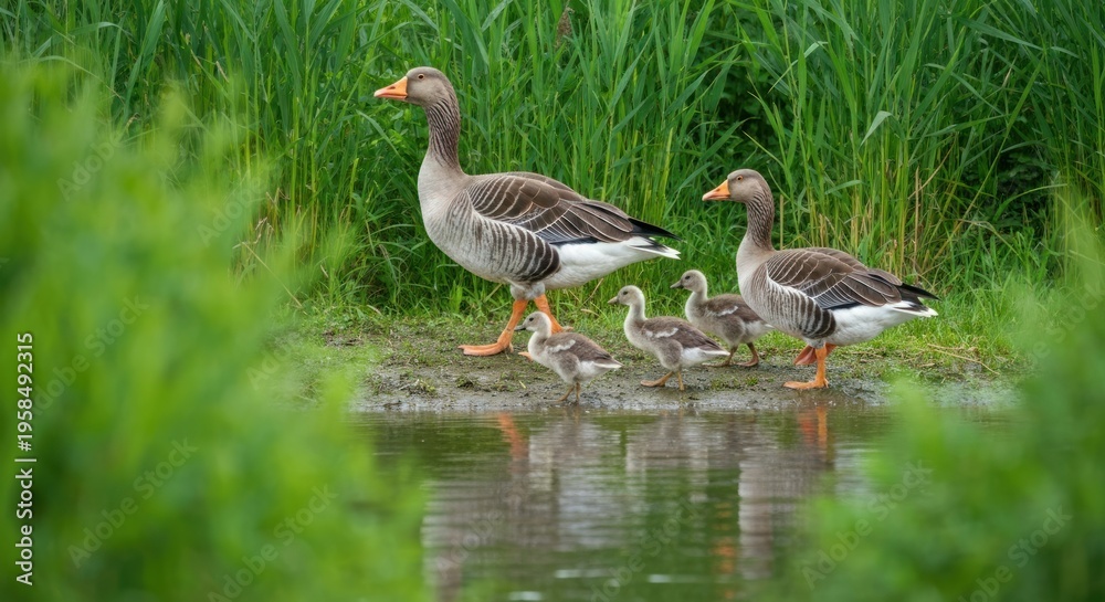 Fototapeta premium Greylag Goose Family - Goslings with Parents by the Waters Edge.