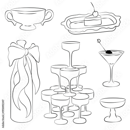Hand-drawn wedding party decor elements, food and drinks, cocktail glasses, a piece of wedding cake, champagne bottle with a bow