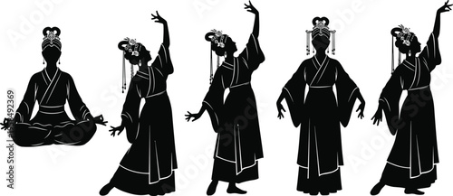 Japanese geisha silhouette set with traditional kimono dance poses cultural female figures vector illustration collection isolated black design