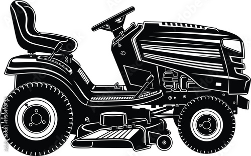 Lawn mower tractor silhouette with garden equipment riding mower vector illustration collection isolated black landscaping machine design