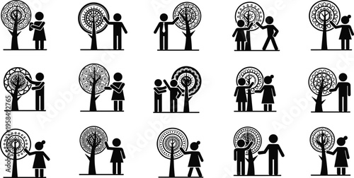Minimalist vector illustration of people interacting with decorative abstract trees, creative concept of growth, connection, learning, and symbolic human relationships