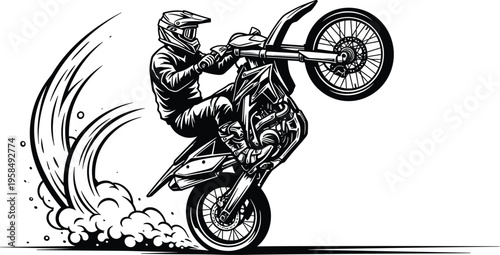 Motocross rider performing wheelie stunt, dynamic off road motorcycle illustration, extreme sport action concept, detailed black vector design for adrenaline themes