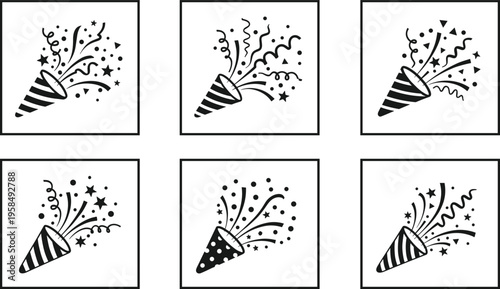 Party popper silhouettes set with confetti bursts, celebration icons collection, festive event illustration, black vector design for holiday and party themes