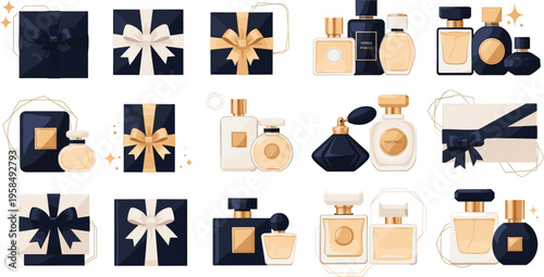Luxury gift boxes and perfume bottles set with elegant packaging, premium cosmetic products and festive presents, stylish vector illustration for branding and retail design