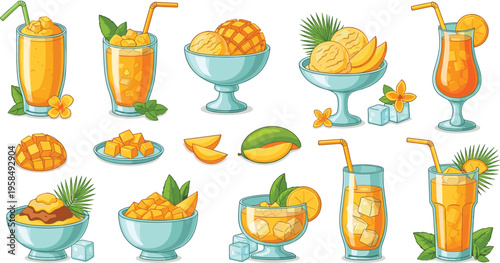 Mango desserts and drinks set with smoothies, juice and ice cream, tropical fruit collection for summer refreshment and sweet food vector illustration