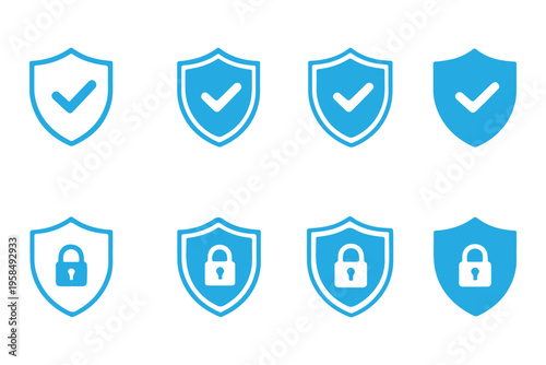 Security shield protection icon collection featuring lock, unlock, and checkmark authentication signs, data safety defense, privacy security, and cybersecurity vector