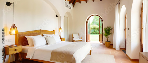 Serene mediterranean bedroom interior design with arched doorways, wooden bed frame, white linens, and view to an outdoor garden, arched doorway