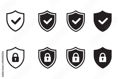 Security shield protection icon collection featuring lock, unlock, and checkmark authentication signs, data safety defense, privacy security, and cybersecurity vector