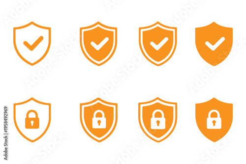 Security shield protection icon collection featuring lock, unlock, and checkmark authentication signs, data safety defense, privacy security, and cybersecurity vector