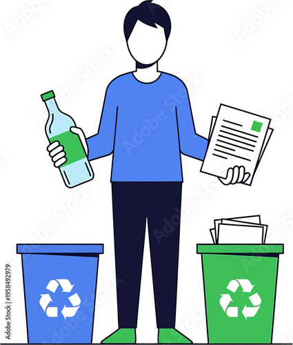Person actively recycling glass bottle and paper into designated recycling bins with clear visual indicators of the recycling process