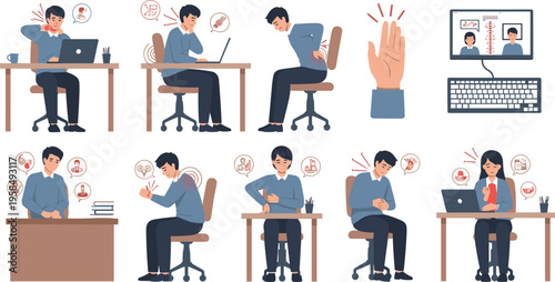 Office worker experiencing stress, fatigue and body pain while working at desk, ergonomics and mental health concept vector illustration set