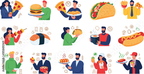 People eating fast food set with burger, pizza, sushi and tacos, cartoon characters enjoying different cuisine meals, lifestyle eating habits vector illustration collection
