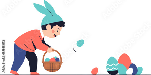Charming illustration of a young boy with bunny ears, happily collecting colorful Easter eggs in a basket during a festive spring hunt, showcasing tradition and joy