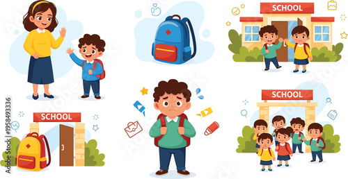 School anxiety concept with child afraid of going to school, teacher support and classmates scenes, education emotion and social interaction vector illustration set