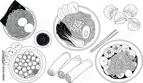 Asian food illustration, noodle bowl drawing, dumpling and spring roll art, bubble tea design, traditional cuisine element, cultural dining artwork