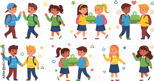 School children friendship set with kids walking, sharing and giving gifts, happy classmates interaction and social bonding vector illustration collection