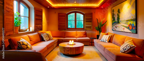 Cozy fireside lounge with u-shaped sofa and ambient orange lighting - rustic interior with home decor