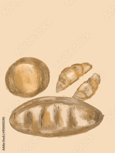 Canvas Print Delicious bread and croissants , flour, wheat, rye, baked goods, baker, bun, loaf, oven, dough, grain, round loaf, lavash, baguette, crust, crumb, salt, food, harvest, field, aroma, satiety