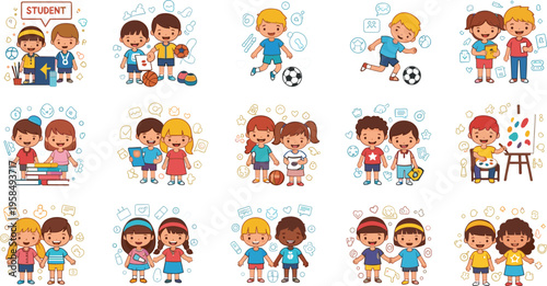 School children activities set with studying, sports and friendship scenes, cartoon kids learning and playing together, education lifestyle vector illustration collection