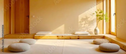 Minimalist interior room with light wood flooring and accent panels, floor cushions, and a large window casting natural light, interior design