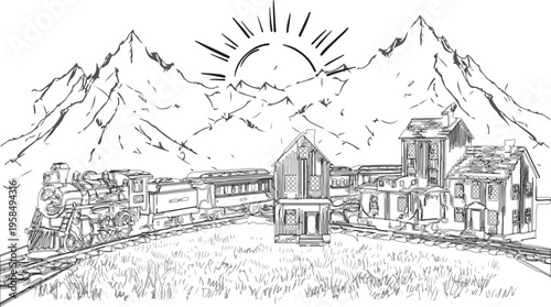 Mountain Train Village Line Art Illustration