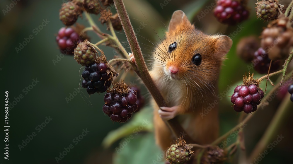 Fototapeta premium Adorable Small Mouse Among Blackberries