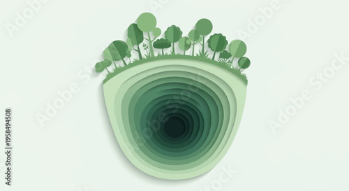 A serene landscape illustration of trees growing on a layered green hillside with a dark tunnel-like center viewed from a distant aerial perspective on a sunny day outside.