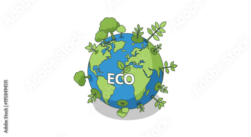 A vibrant, stylized globe with lush greenery and trees, symbolizing eco-friendliness and environmental conservation, in a colorful, artistic, modern digital graphic design.