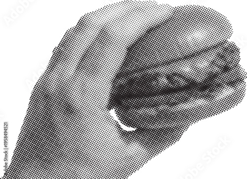 hand holding burger halftone pop art retro black white vector illustration