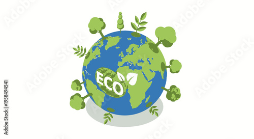 Eco friendly earth with green leaves and plants around it globally illustrating environmental conservation efforts closely.