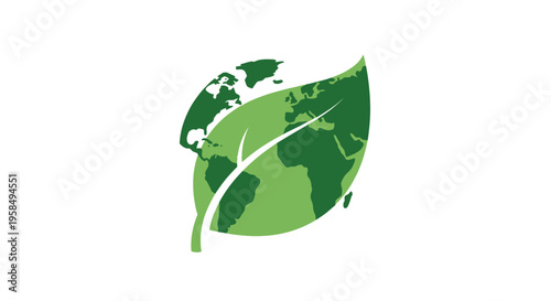 A creative illustration of a green leaf with a map of the world on it symbolizes environmental conservation and global unity in a natural setting.