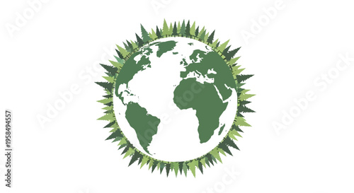 Green globe illustration surrounded by grass, showcasing Earth with vibrant spikes, symbolizing nature and ecology in a creative graphic representation worldwide.